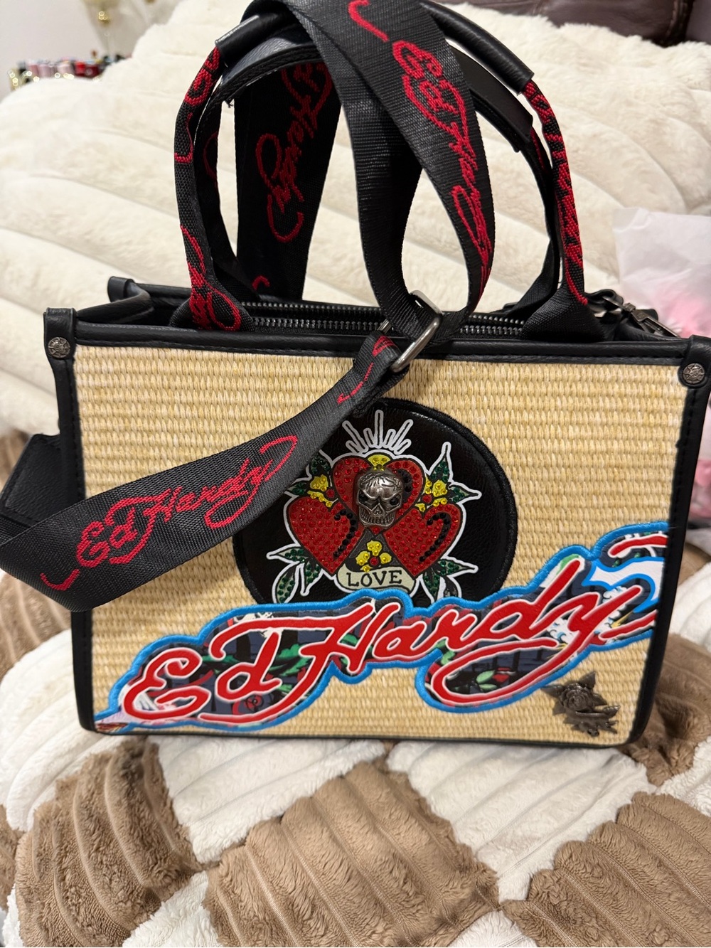 Ed Hardy Straw Tote with Black & Red Logo Accents